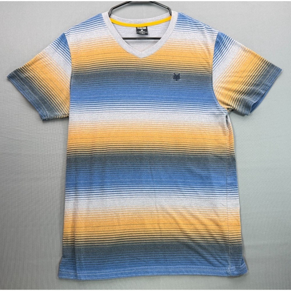 Zoo York Mens Medium V-Neck T-Shirt Blue Yellow Orange Ombre Striped Tee